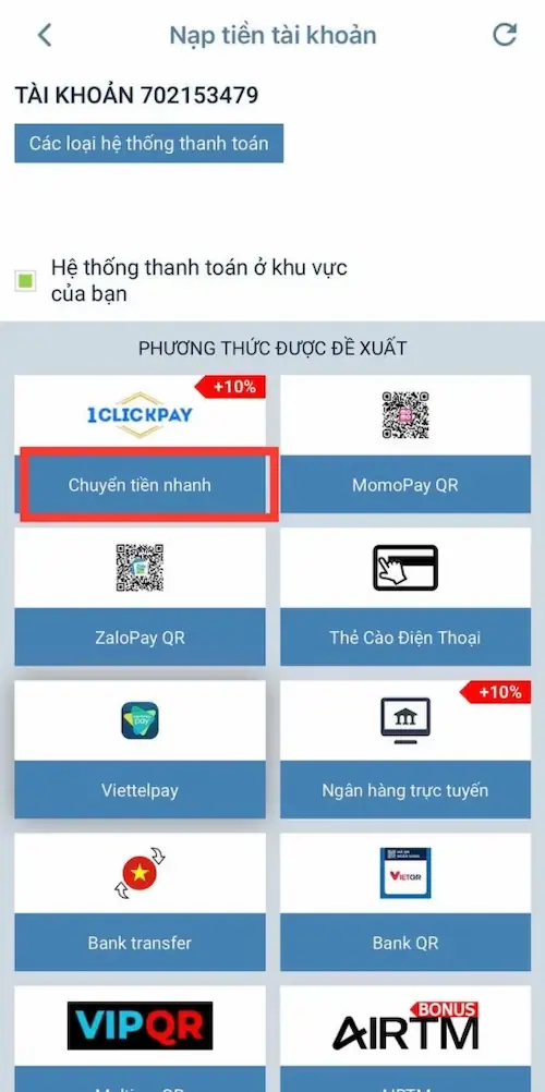 Bước 1 hướng dẫn Nạp tiền bằng hình thức chuyển tiền nhanh 24/7