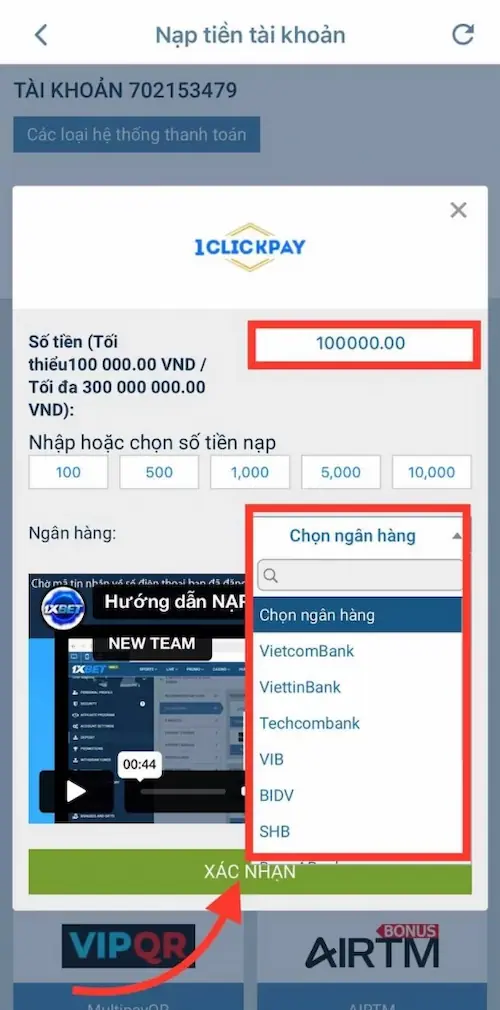 Bước 2 hướng dẫn Nạp tiền bằng hình thức chuyển tiền nhanh 24/7