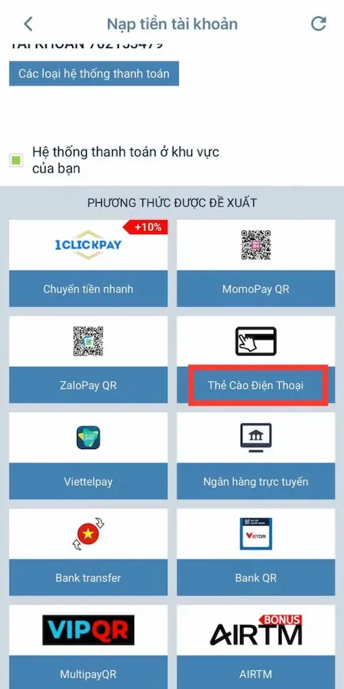 Bước 1 nạp tiền bằng thẻ cào điện thoại