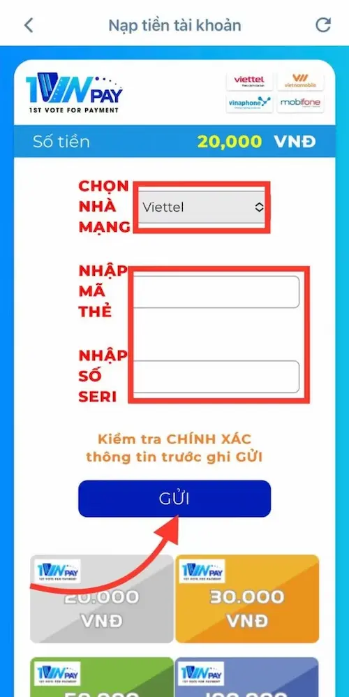 Bước 3 nạp tiền bằng thẻ cào điện thoại
