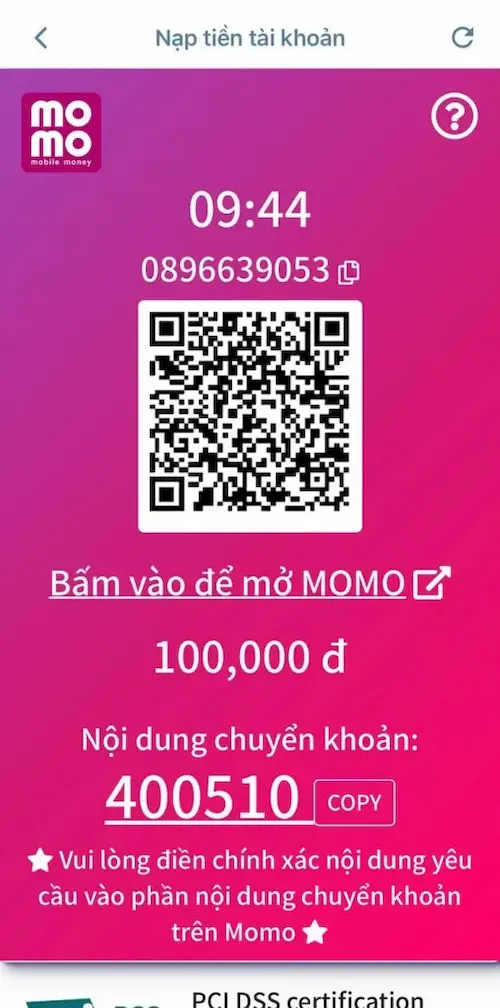 Bước 3 nạp tiền bằng hình thức thanh toán qua ví Momo
