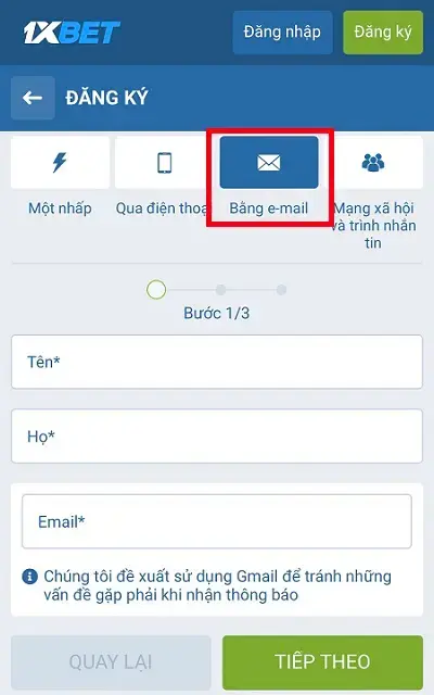 Bước 1 hướng dẫn đăng ký nhanh 1XBET
